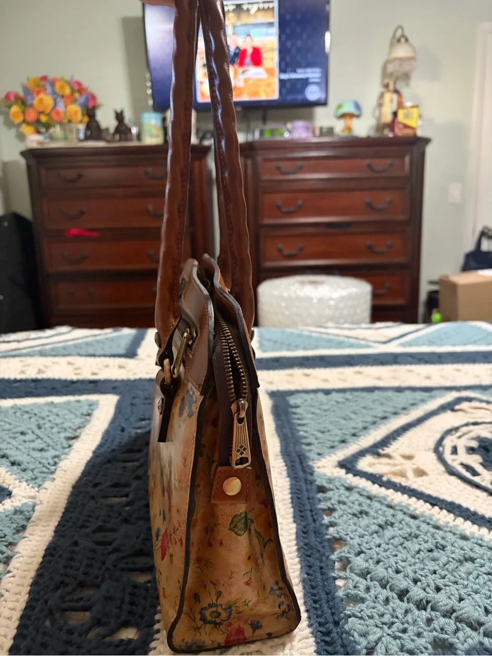 Patricia Nash Tan Floral Hobo with Brown Trim
